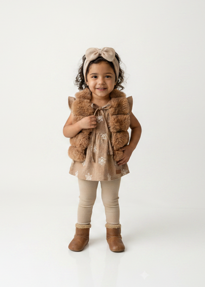 Set de 3 Piezas para bebita y Niña: Blusa Bordada, Chaleco de Peluche y Legging Rib – Tono Café & Beige