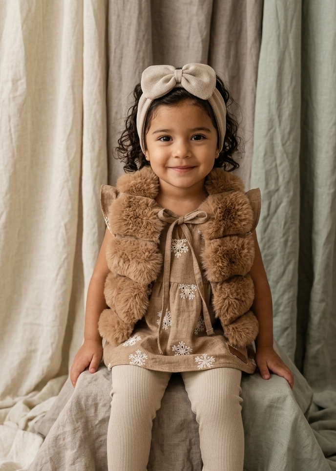 Set de 3 Piezas para bebita y Niña: Blusa Bordada, Chaleco de Peluche y Legging Rib – Tono Café & Beige