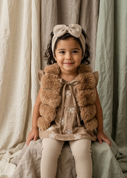 Set de 3 Piezas para bebita y Niña: Blusa Bordada, Chaleco de Peluche y Legging Rib – Tono Café & Beige